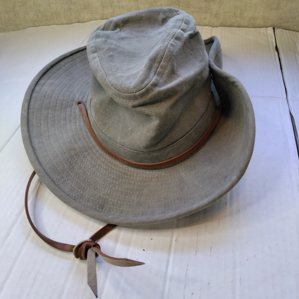 Dorfman Pacific Weathered Cotton Safari Hat Gray Olive Wide Brim Leather Cord